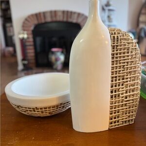 Jo-Liza Modern White Ceramic Vase and Woven Bowl Set
